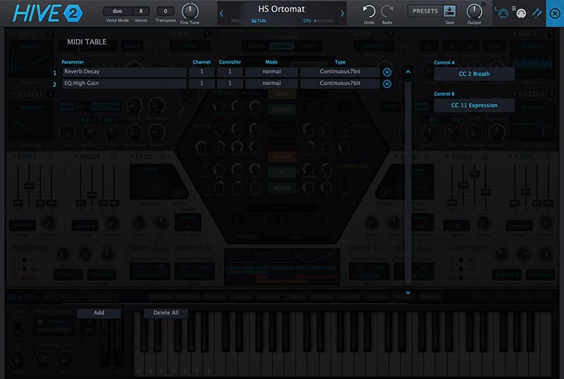 U-he Hive 2 Synth - Preference MIDI Table
