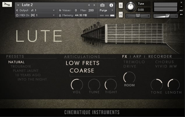 Cinematique Instruments Lute - Main GUI