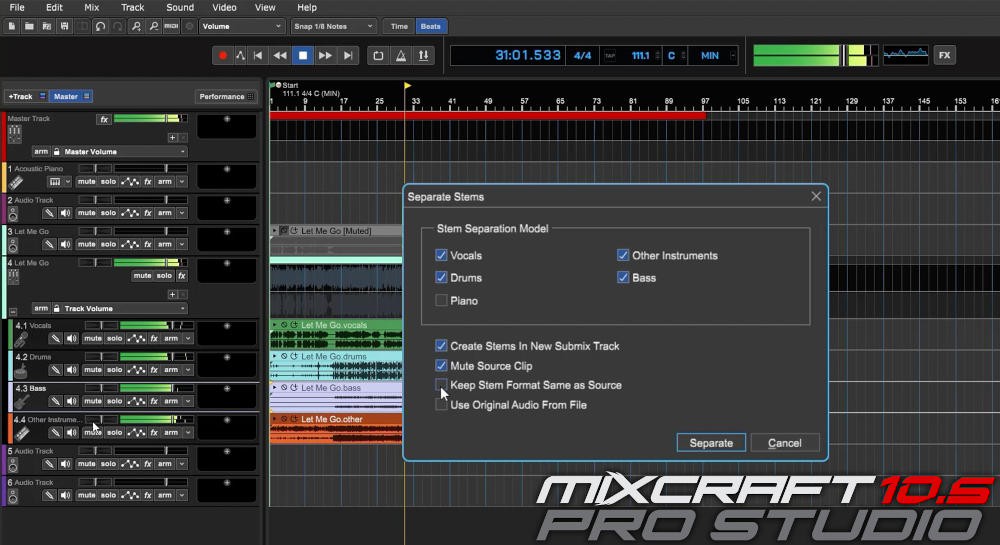 Acoustica Mixcraft 10.5 Pro Studio - Stem Separation 