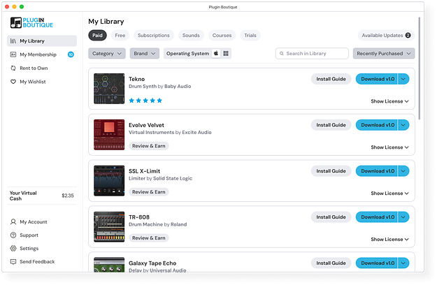 Plugin Boutique App interface
