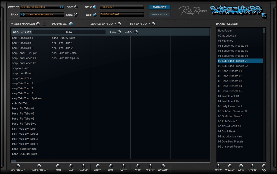 SubBoomBass 2 User Interface (Manager - Find Presets Window)