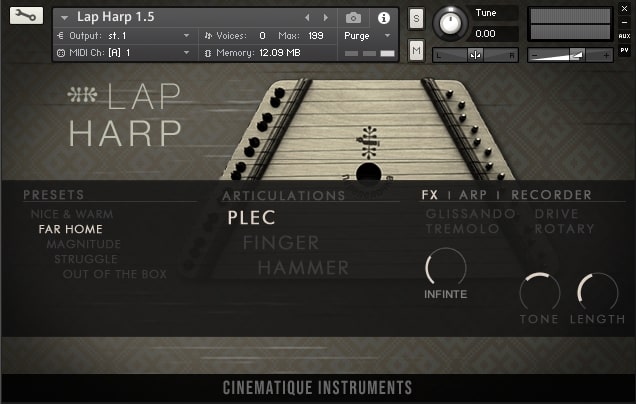 Cinematique Instruments Lap Harp - User Interface