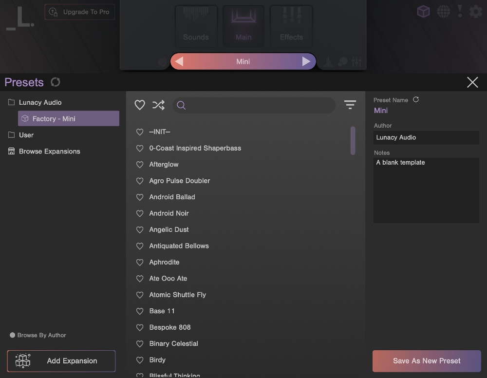 Lunacy Audio CUBE Mini - UI - Preset Browser Image