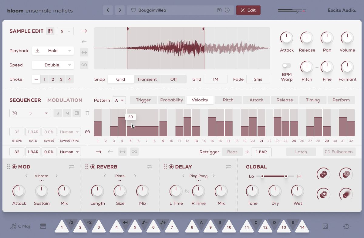 Bloom Ensemble Mallets - Edit Page Sequencer (Velocity Tab)