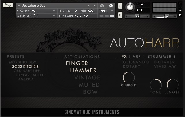 Cinematique Instruments Autoharp 3 - Main GUI