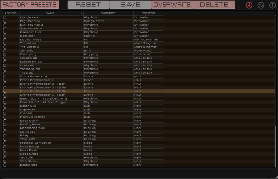 Erica Synths X Ninja Tune - Zen Delay Virtual ZDV - Preset Menu