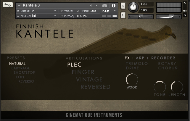 Cinematique Instruments Kantele - Main GUI
